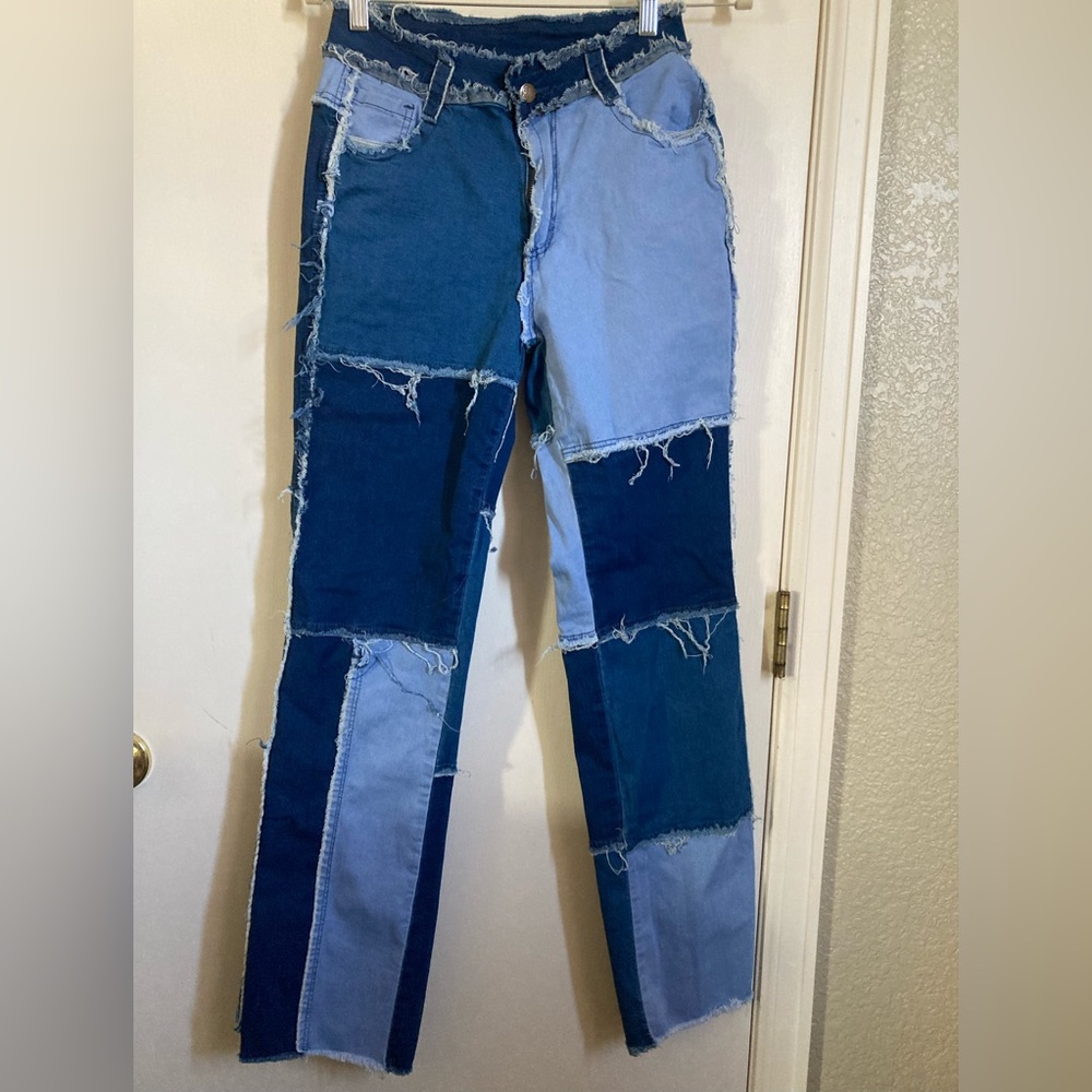Jeans High Waisted Distressed Multicolor Patchwork 90โs Medium Denim Jeans A218